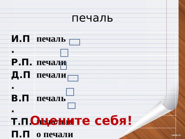 печаль И.П. печаль Р.П. печали Д.П. печали В.П. печаль Т.П. печалью П.П о печали Оцените себя! 