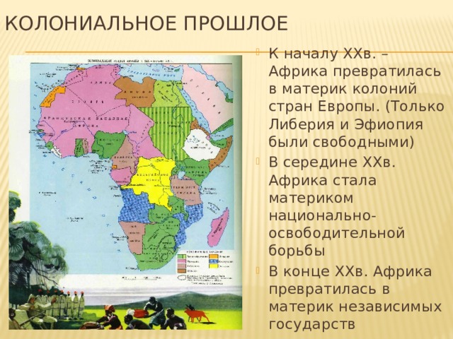 Колониальное прошлое К началу XXв. – Африка превратилась в материк колоний стран Европы. (Только Либерия и Эфиопия были свободными) В середине XXв. Африка стала материком национально-освободительной борьбы В конце XXв. Африка превратилась в материк независимых государств 