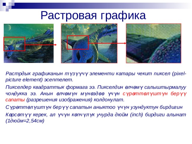 Растровая графика Растрдык графиканын түзүүчү элементи катары чекит пиксел ( pixel-picture element ) эсептелет. Пикселдер квадраттык формага ээ. Пикселдин өлчөмү салыштырмалуу чоңдукка ээ. Анын өлчөмүн мүнөздөө үчүн сүрөттөлүштүн берүү сапаты (разрешения изображения) колдонулат. Сүрөттөлүштүн берүү сапатын аныктоо үчүн узундуктун бирдигин Көрсөтүү керек, ал үчүн көпчүлүк учурда дюйм ( inch ) бирдиги алынат (1дюйм=2,54см) 