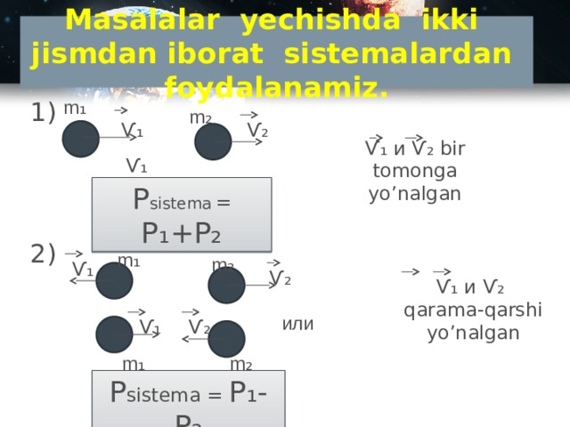 Masalalar yechishda ikki jismdan iborat sistemalardan foydalanamiz. m ₁ 1) 2) m ₂ Ѵ₂ Ѵ₁ Ѵ₁ и Ѵ₂ bir tomonga yo’nalgan Ѵ₁ Р sistema  = P₁+P₂ m ₁ m ₂ Ѵ₁ Ѵ₂ Ѵ₁ и Ѵ₂ qarama-qarshi yo’nalgan или Ѵ₂ Ѵ₁ m ₁ m ₂ Р sistema = P₁-P₂ 