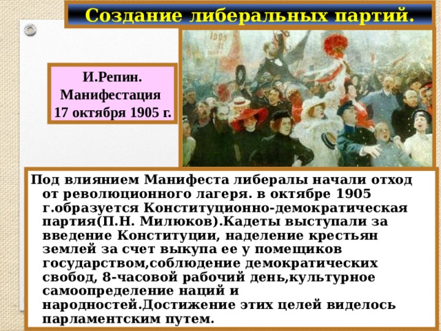 Партии после 17 октября 1905. Манифестация 17 октября 1905 г Репин. Представители революционного лагеря. Либералы 1905.