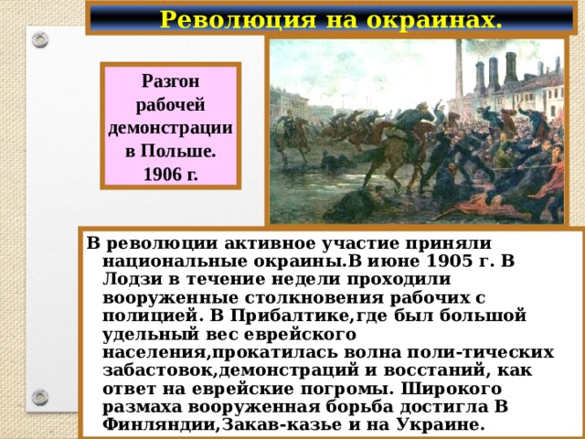 Революция на окраинах. Разгон рабочей демонстрации в Польше. 1906 г. В революции активное участие приняли национальные окраины.В июне 1905 г. В Лодзи в течение недели проходили вооруженные столкновения рабочих с полицией. В Прибалтике,где был большой удельный вес еврейского населения,прокатилась волна поли-тических забастовок,демонстраций и восстаний, как ответ на еврейские погромы. Широкого размаха вооруженная борьба достигла В Финляндии,Закав-казье и на Украине. 