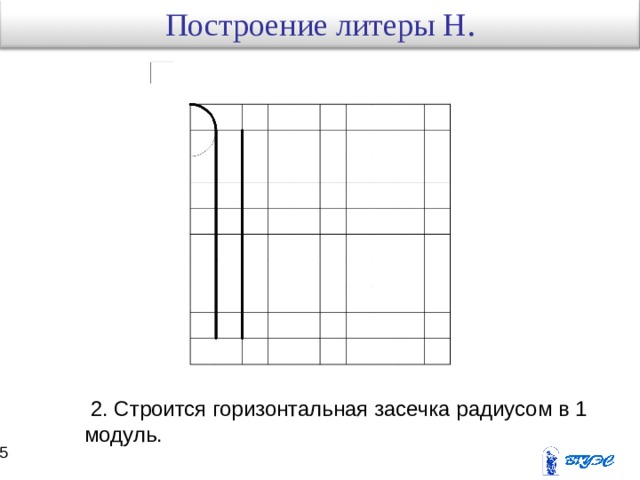 Построение литеры Н .  2. Строится горизонтальная засечка радиусом в 1 модуль. 14 15 