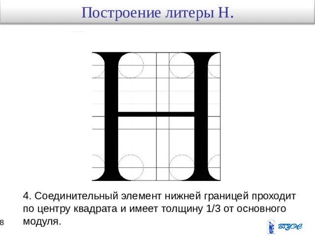 Построение литеры Н . 4. Соединительный элемент нижней границей проходит по центру квадрата и имеет толщину 1/3 от основного модуля. 17 18 