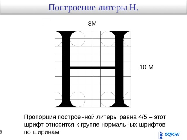 Построение литеры Н . 8М 10 М Пропорция построенной литеры равна 4/5 – этот шрифт относится к группе нормальных шрифтов по ширинам 18 19 