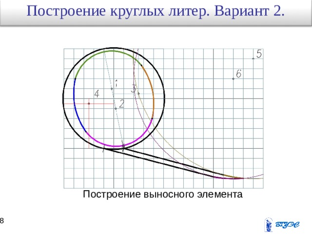 Построение  круглых литер. Вариант 2. Построение выносного элемента 37 38 