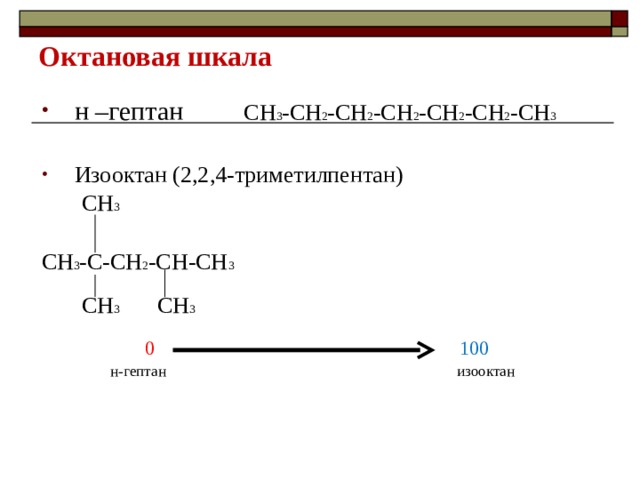 Октановая шкала н –гептан СН 3 -СН 2 -СН 2 -СН 2 -СН 2 -СН 2 -СН 3 Изооктан (2,2,4-триметилпентан)  СН 3 СН 3 -С-СН 2 -СН-СН 3  СН 3 СН 3   0 100  н-гептан изооктан 