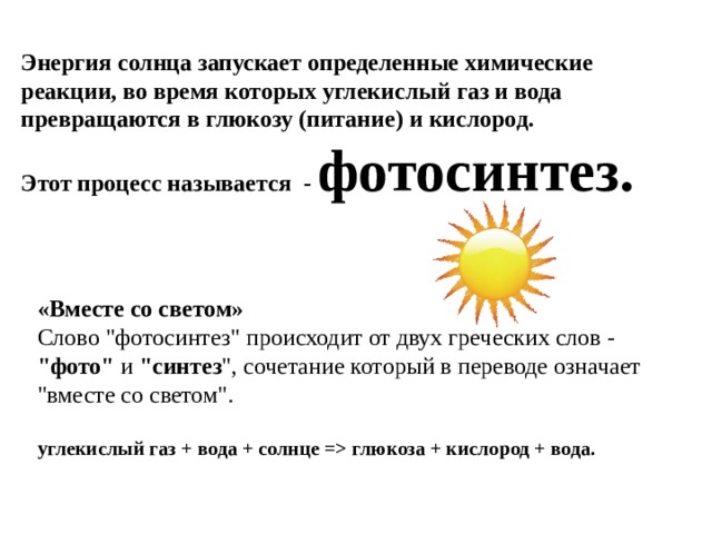 Энергия солнца запускает определенные химические реакции, во время которых углекислый газ и вода превращаются в глюкозу (питание) и кислород. Этот процесс называется - фотосинтез. «Вместе со светом» Слово 