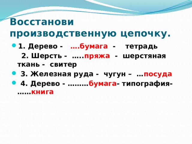 Восстанови производственную цепочку. 1. Дерево - ….бумага - тетрадь  2. Шерсть - ….. пряжа - шерстяная ткань - свитер   3. Железная руда - чугун – … посуда   4. Дерево - ……… бумага - типография-…… книга  