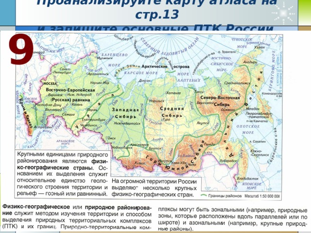Проанализируйте карту атласа на стр.13  и запишите основные ПТК России 9 