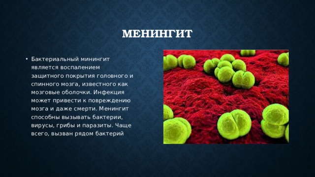 Менингит Бактериальный минингит является воспалением защитного покрытия головного и спинного мозга, известного как мозговые оболочки. Инфекция может привести к повреждению мозга и даже смерти. Менингит способны вызывать бактерии, вирусы, грибы и паразиты. Чаще всего, вызван рядом бактерий 