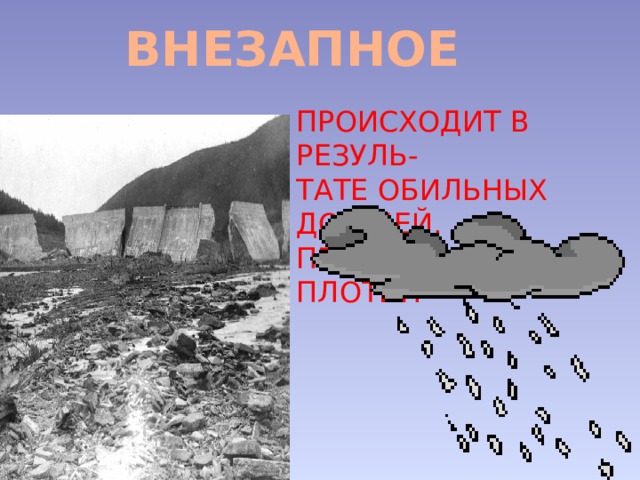 ВНЕЗАПНОЕ ПРОИСХОДИТ В РЕЗУЛЬ- ТАТЕ ОБИЛЬНЫХ ДОЖДЕЙ, ПРОРЫВА ДАМБ И ПЛОТИН 