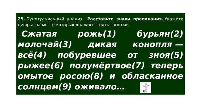 25.  Пунктуационный анализ.  Расставьте знаки препинания.  Укажите цифры, на месте которых должны стоять запятые. Сжатая рожь(1) бурьян(2) молочай(3) дикая конопля — всё(4) побуревшее от зноя(5) рыжее(6) полумёртвое(7) теперь омытое росою(8) и обласканное солнцем(9) оживало…   