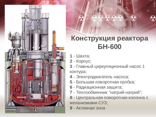 Конструкция реактора БН-600 1  - Шахта;  2  - Корпус;   3  - Главный циркуляционный насос 1 контура;   4  - Электродвигатель насоса;   5  - Большая поворотная пробка;   6  - Радиационная защита;  7  - Теплообменник 
