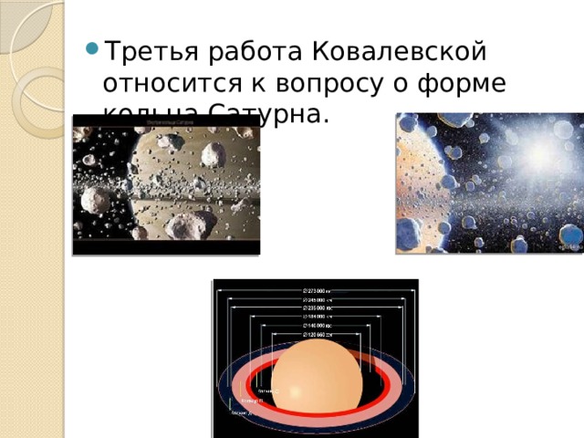 Третья работа Ковалевской относится к вопросу о форме кольца Сатурна. 