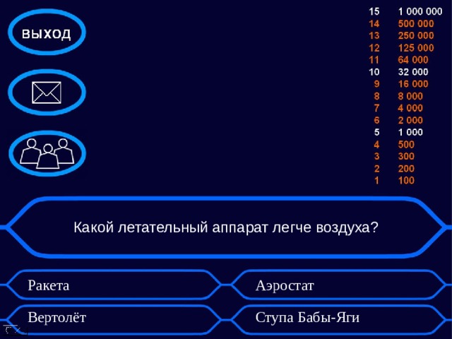 Какой летательный аппарат легче воздуха? Ракета Аэростат Вертолёт Ступа Бабы-Яги 