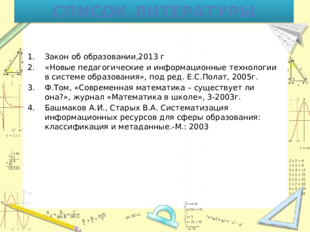 Список литературы Закон об образовании,2013 г «Новые педагогические и информационные технологии в системе образования», под ред. Е.С.Полат, 2005г. Ф.Том, «Современная математика – существует ли она?», журнал «Математика в школе», 3-2003г. Башмаков А.И., Старых В.А. Систематизация информационных ресурсов для сферы образования: классификация и метаданные.-М.: 2003 