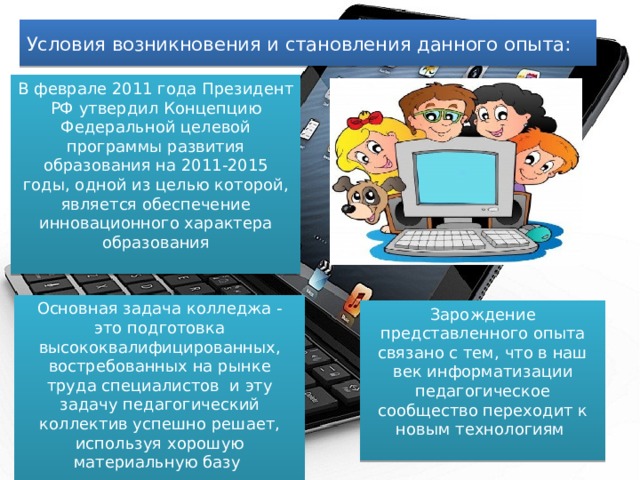 Условия возникновения и становления данного опыта: В феврале 2011 года Президент РФ утвердил Концепцию Федеральной целевой программы развития образования на 2011-2015 годы, одной из целью которой, является обеспечение инновационного характера образования Основная задача колледжа - это подготовка высококвалифицированных, востребованных на рынке труда специалистов и эту задачу педагогический коллектив успешно решает, используя хорошую материальную базу Зарождение представленного опыта связано с тем, что в наш век информатизации педагогическое сообщество переходит к новым технологиям 