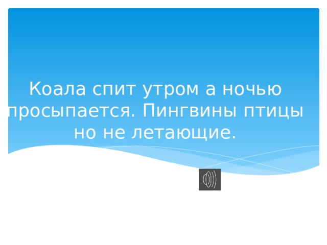 Коала спит утром а ночью просыпается. Пингвины птицы но не летающие. 