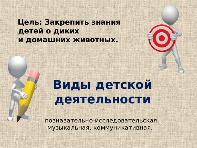    Цель: Закрепить знания  детей о диких  и домашних животных.      познавательно-исследовательская, музыкальная, коммуникативная.   Виды детской деятельности 