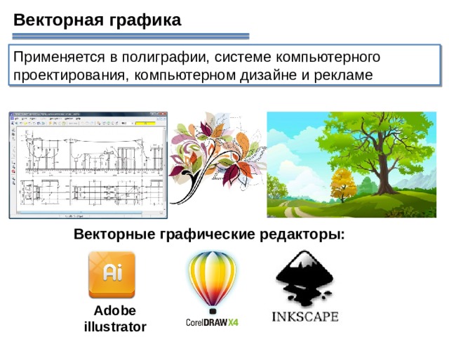 Векторная графика Применяется в полиграфии, системе компьютерного проектирования, компьютерном дизайне и рекламе Векторные графические редакторы: Аdobe  illustrator  