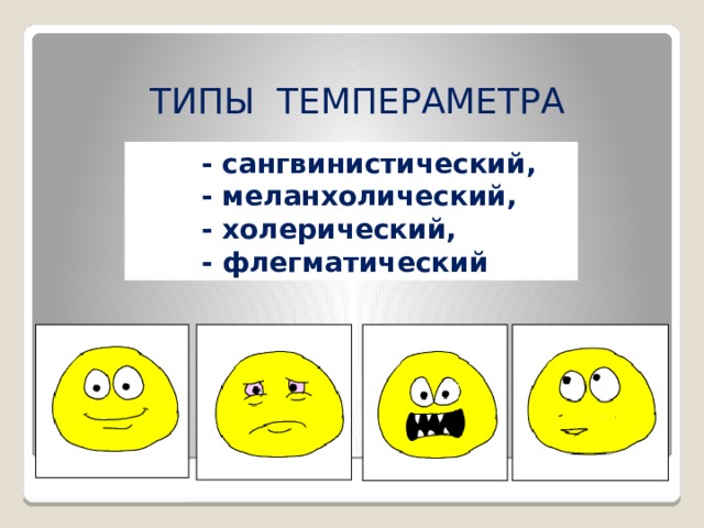 ТИПЫ ТЕМПЕРАМЕТРА  - сангвинистический,  - меланхолический,  - холерический,  - флегматический 