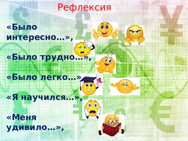 Рефлексия «Было интересно…»,  «Было трудно…»,  «Было легко…»,  «Я научился…»,  «Меня удивило…»,  «Мне захотелось…».