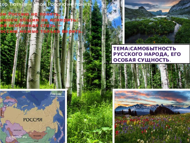 Федор Тютчев « Умом Россию не понять…» Умом Россию не понять, Аршином общим не измерить: У ней особенная стать — В Россию можно только верить.  Тема:самобытность русского народа, его особая сущность .