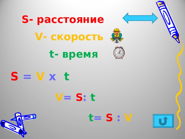 S - расстояние V - скорость t - время S = V х  t V = S :  t t = S :  V 