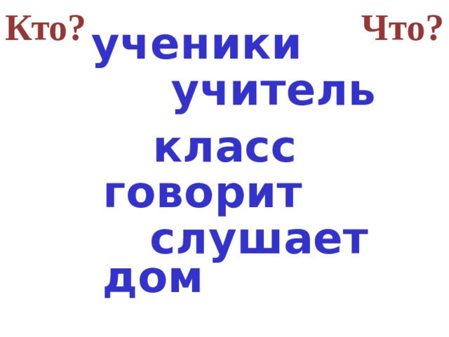 Кто? Что? ученики учитель класс говорит слушает дом  