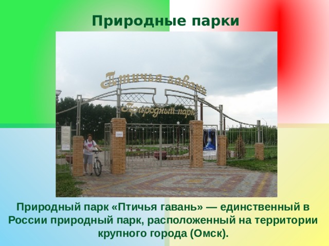 Природные парки Природный парк «Птичья гавань» — единственный в России природный парк, расположенный на территории крупного города (Омск). 