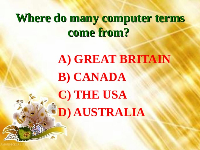Where do many computer terms come from?   A) GREAT BRITAIN  B) CANADA  C) THE USA  D) AUSTRALIA 