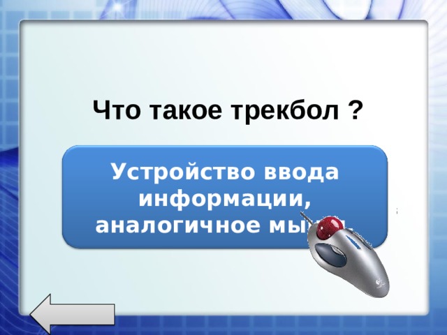 Что такое трекбол ? Устройство ввода информации, аналогичное мыши. 