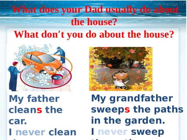 What does your Dad usually do about the house?  What don′t you do about the house?   My grandfather sweep s the paths in the garden. I never sweep the paths. My father clean s the car. I never clean the car. 
