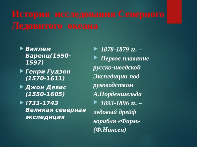 История исследования Северного Ледовитого океана   1878-1879 гг. – Первое плавание русско-шведской Экспедиции под руководством А.Норденшельда 1893-1896 гг. – ледовый дрейф корабля «Фарм» (Ф.Нансен)  Виллем Баренц(1550-1597) Генри Гудзон (1570-1611) Джон Девис (1550-1605) !733-1743 Великая северная экспедиция    
