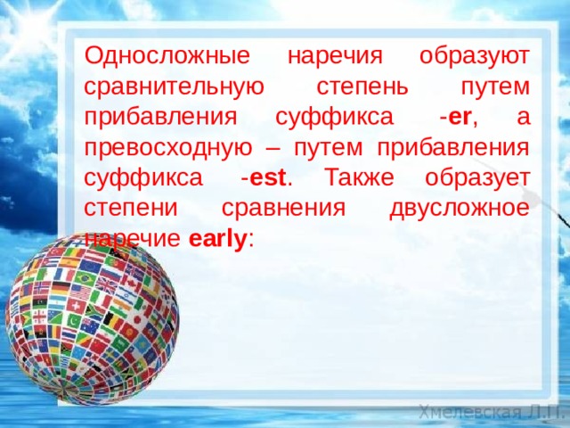 Односложные наречия образуют сравнительную степень путем прибавления суффикса  - er , а превосходную – путем прибавления суффикса  - est . Также образует степени сравнения двусложное наречие early : 