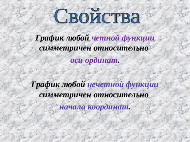 График любой четной функции симметричен относительно оси ординат .  График любой нечетной функции симметричен относительно начала координат .  