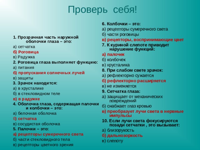 Проверь себя!   1. Прозрачная часть наружной оболочки глаза – это: а) сетчатка 6. Колбочки – это: а) рецепторы сумеречного света б) части роговицы б) Роговица в) рецепторы, воспринимающие цвет в) Радужка 2. Роговица глаза выполняет функцию: а) питания 7. К куриной слепоте приводит нарушение функций: б) пропускания солнечных лучей а) палочек в) защиты 3. Зрачок находится: а) в хрусталике б) в стекловидном теле б) колбочек в) хрусталика 8. При слабом свете зрачок: а) рефлекторно сужается б) рефлекторно расширяется в) в радужке в) не изменяется 9. Сетчатка глаза: а) защищает от механических повреждений б) снабжает глаз кровью 4. Оболочка глаза, содержащая палочки и колбочки – это: а) белочная оболочка в) преобразует лучи света в нервные импульсы б ) сетчатка 10. Если лучи света фокусируются позади сетчатки , это вызывает: а) близорукость в) сосудистая оболочка 5. Палочки – это: б) дальнозоркость а) рецепторы сумеречного света в) слепоту б) части стекловидного тела в) рецепторы цветного зрения 