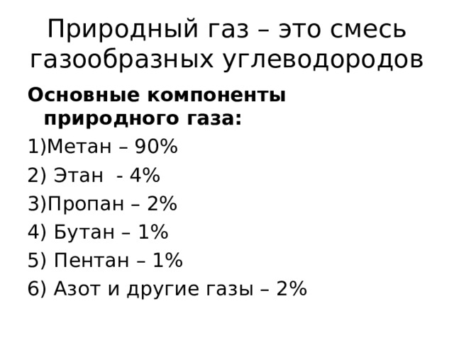 Природный газ – это смесь газообразных углеводородов Основные компоненты природного газа: Метан – 90% 2) Этан - 4% 3)Пропан – 2% 4) Бутан – 1% 5) Пентан – 1% 6) Азот и другие газы – 2% 