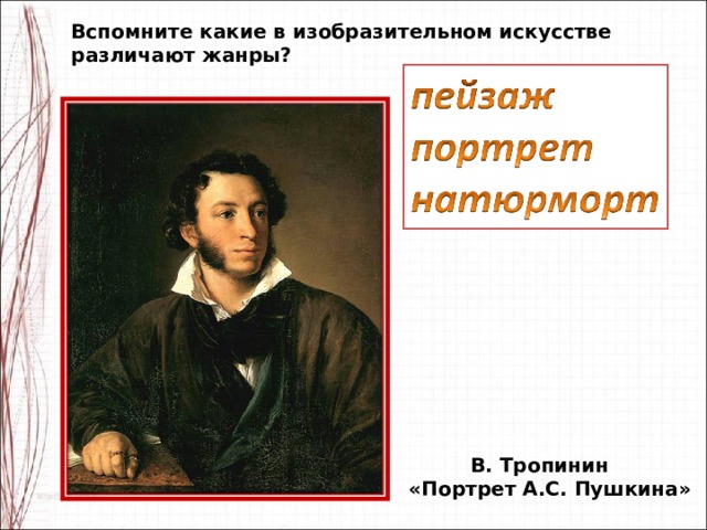 Вспомните какие в изобразительном искусстве различают жанры?  В. Тропинин «Портрет А.С. Пушкина» 