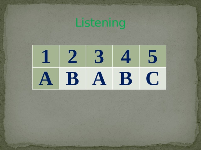 Listening 1 2 A 3 B 4 A 5 B C 