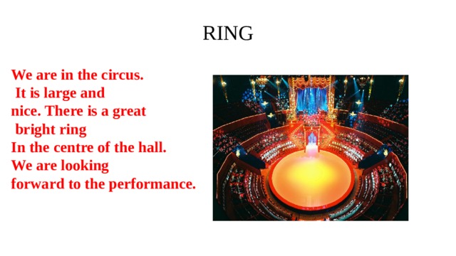 RING We are in the circus.  It is large and nice. There is a great  bright ring In the centre of the hall. We are looking forward to the performance. 