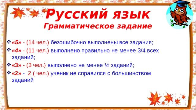 Русский язык  Грамматическое задание   «5» - (14 чел.) безошибочно выполнены все задания; «4» - (11 чел.) выполнено правильно не менее 3/4 всех заданий; «3»  - (3 чел.) выполнено не менее ½ заданий; «2» - 2 ( чел.) ученик не справился с большинством заданий 