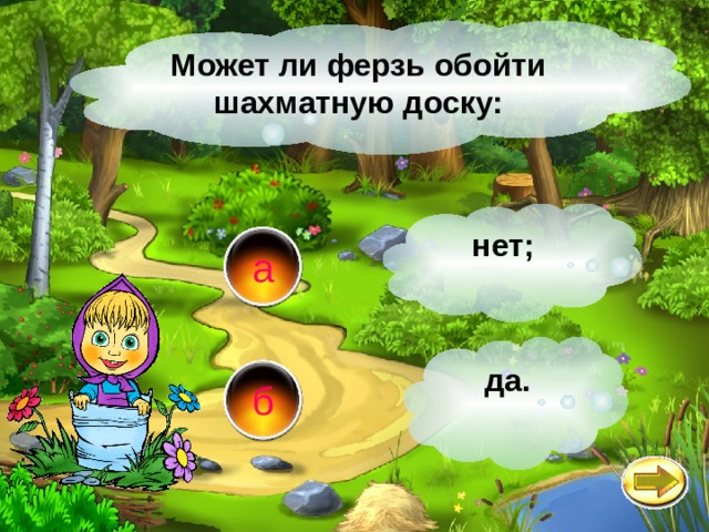Может ли ферзь обойти шахматную доску: нет; а да. б 