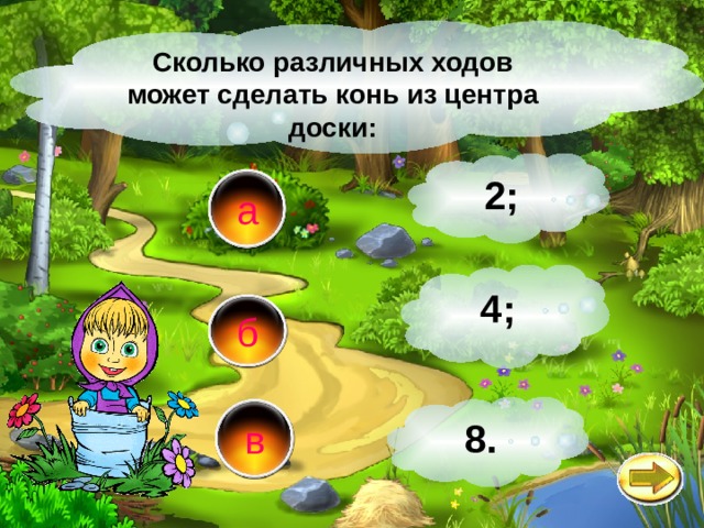 Сколько различных ходов может сделать конь из центра доски: 2; а 4; б в 8. 