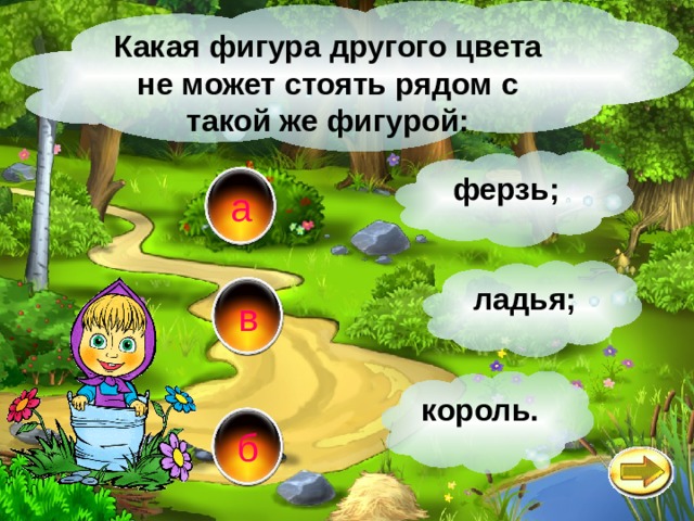 Какая фигура другого цвета не может стоять рядом с такой же фигурой: ферзь; а ладья; в король. б 