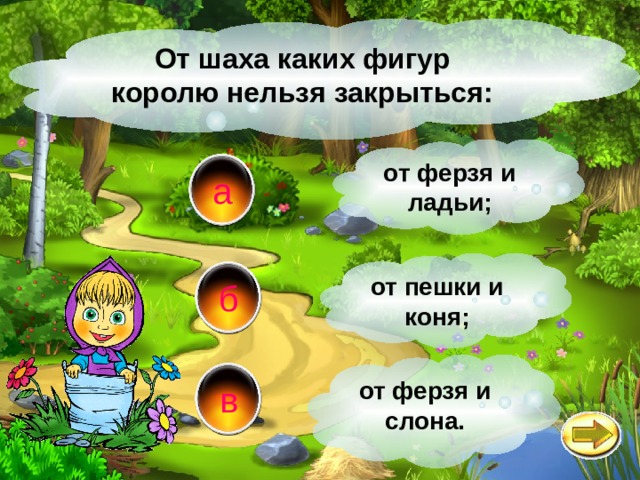 От шаха каких фигур королю нельзя закрыться: от ферзя и ладьи; а от пешки и коня; б от ферзя и слона. в 