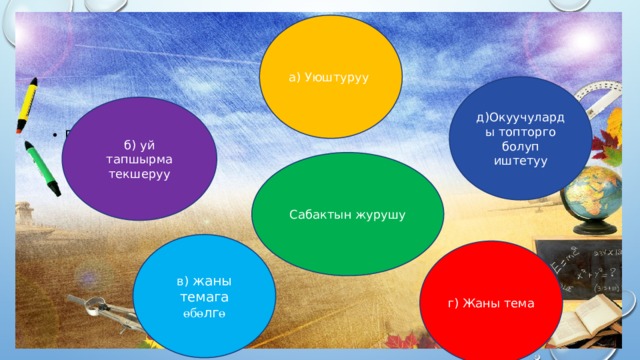 а) Уюштуруу д)Окуучуларды топторго болуп иштетуу б) уй тапшырма текшеруу Параллелепипе Сабактын журушу в) жаны темага өбө лг ө г) Жаны тема 