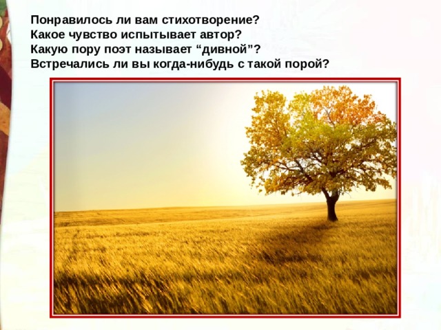 Понравилось ли вам стихотворение? Какое чувство испытывает автор? Какую пору поэт называет “дивной”? Встречались ли вы когда-нибудь с такой порой? 