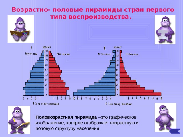 Возрастно- половые пирамиды стран первого типа воспроизводства. Половозрастная пирамида –это графическое изображение, которое отображает возрастную и половую структуру населения. 